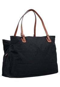 Borsa a tracolla nera con manici in pelle marrone. Realizzata in materiale resistente, presenta un design spazioso e una texture morbida. Include pieghe laterali.
