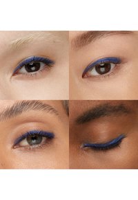 Fire nærbilleder af øjne med levende blå eyeliner. Forskellige hudtoner, med detaljerede øjenvipper og øjenbrynsformer tydeligt synlige.