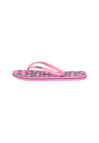 Roze teenslipper met een gestructureerde zool, met opvallende grijze "SUPERDRY" branding. Dunne, flexibele bandjes ontworpen voor gemakkelijk dragen.