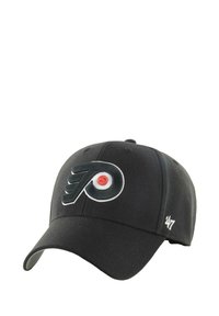Black baseball cap featuring embroidered Philadelphia Flyers logo in white and orange. Adjustable strap at the back. Durable fabric.