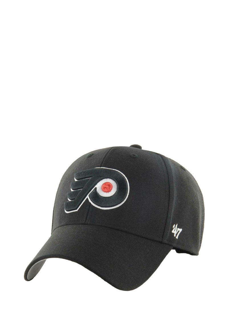 Black baseball cap featuring embroidered Philadelphia Flyers logo in white and orange. Adjustable strap at the back. Durable fabric.