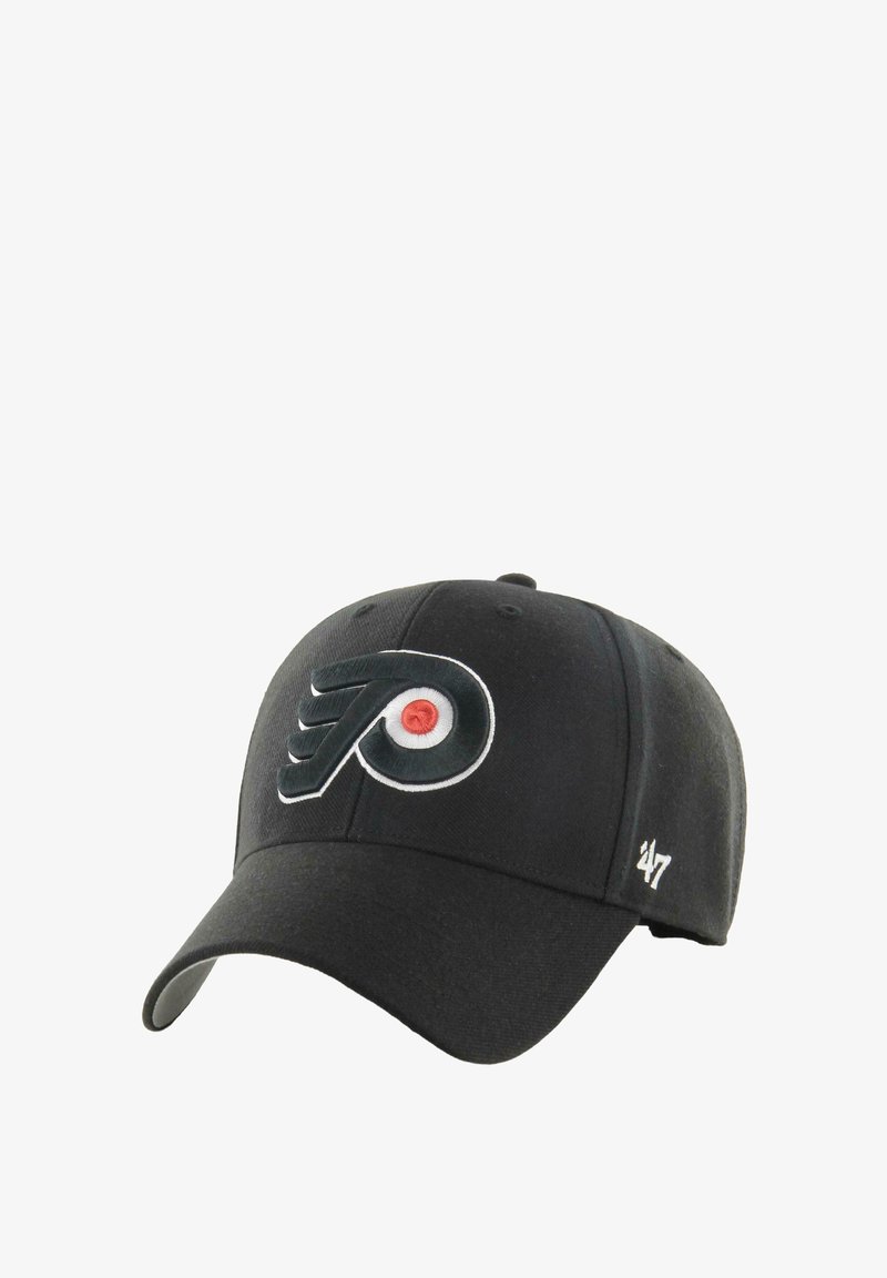 Black baseball cap featuring embroidered Philadelphia Flyers logo in white and orange. Adjustable strap at the back. Durable fabric.