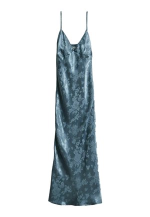Blue satin slip dress with thin straps and subtle floral and butterfly jacquard pattern, floor-length with a V-neckline.