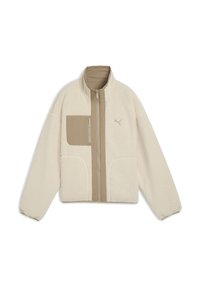 Giacca in pile beige con collo alto, chiusura con zip, tasca sul petto e due tasche inferiori. Presenta una texture morbida e il logo Puma.