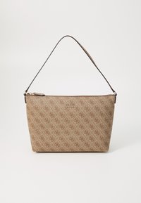 Sac à main marron à motifs fabriqué en matériau synthétique texturé, avec une fermeture à glissière et une bandoulière mince et détachable.