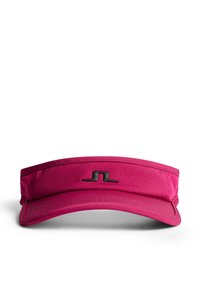 Visiera rosa realizzata in materiale leggero, con un pannello frontale solido, lati ventilati, una visiera curva e un accento del logo nero.