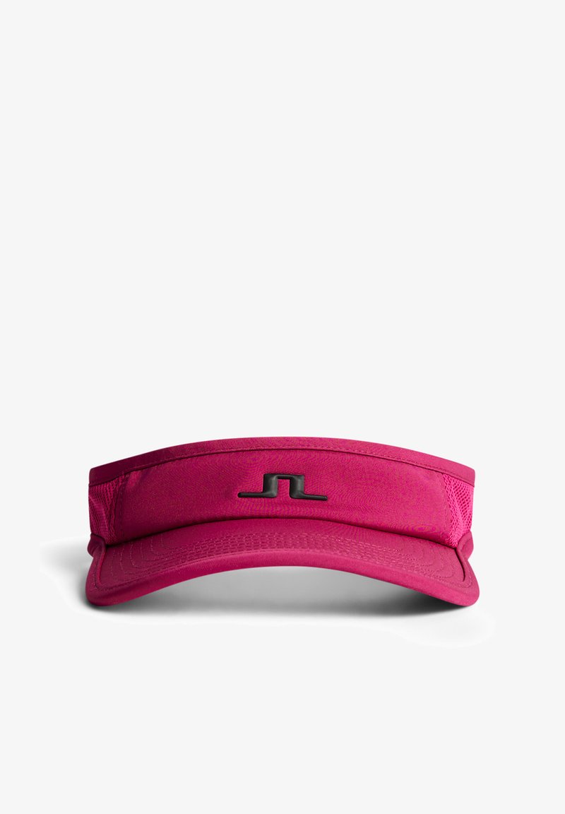 Visière rose en matériau léger avec un panneau avant solide, des côtés ventilés, une visière incurvée et un accent logo noir.