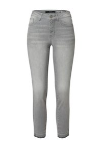 Šedé džíny skinny s středně vysokým pasem, pěti kapsami a předním zapínáním na knoflík. Poškrábaná textura s jemnými detaily s pruhy.