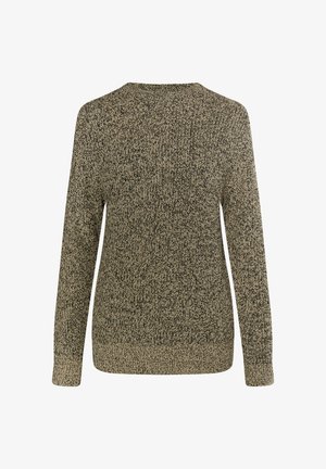 Sweter dzianinowy w beżowo-czarnym kolorze z teksturowanym, melanżowym wykończeniem. Posiada długie rękawy oraz okrągły dekolt, z prążkowanymi mankietami i dołem.