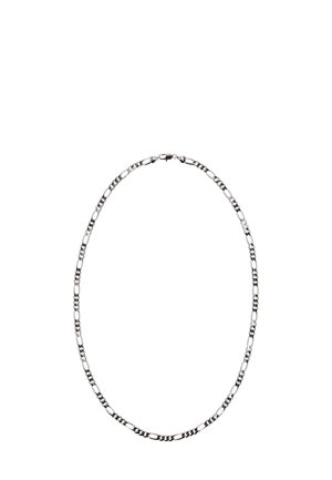 Ezüst lánc nyaklánc, amelyen megnyúlt, összekapcsolt szemek találhatók, fényes felülettel és biztos záródással.