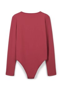 Body a maniche lunghe di un rosso intenso con scollo rotondo e taglio aderente che si estende in un fondo stile perizoma.