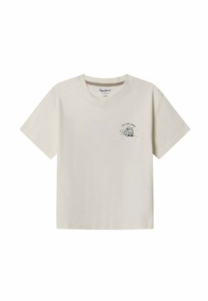 Camiseta beige de manga corta con un pequeño gráfico negro de un coche y el texto "Pepe Jeans London" en el pecho izquierdo.
