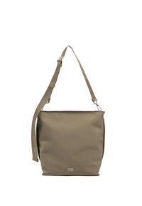 Khaki torba na ramię z trwałego materiału, charakteryzująca się szerokim paskiem i minimalistycznym designem; detal z logo na dole.