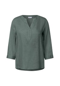Tunic top in lino verde con scollatura a V, maniche a tre quarti e vestibilità comoda. Presenta una superficie morbida e texturizzata.
