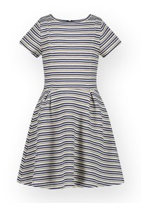 Gestreiftes Kleid mit kurzen Ärmeln, das aus marineblauen und cremefarbenen horizontalen Streifen besteht. Es hat ein tailliertes Oberteil, einen ausgestellten Rock und einen runden Ausschnitt.