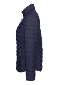 Marineblauwe gewatteerde jas met horizontale stiksels, hoge kraag, zijzakken met rits en een logo-opdruk op de linkermouw.