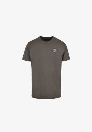 Effen t-shirt met ronde hals en korte mouwen in donkergrijs katoen. Heeft een ovale logo met cijfers op de linkerkant van de borst. Soepele textuur, normale pasvorm.