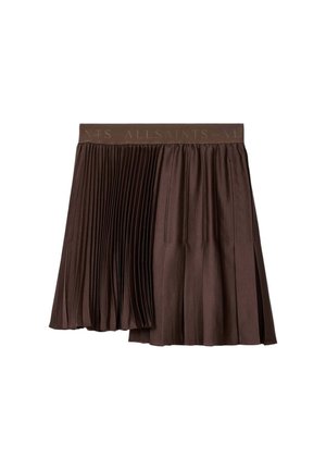 Tummanruskea pliseerattu hame, jossa epäsymmetrinen helma ja joustava vyötärönauha, jossa hienovarainen "AllSaints"-logo.