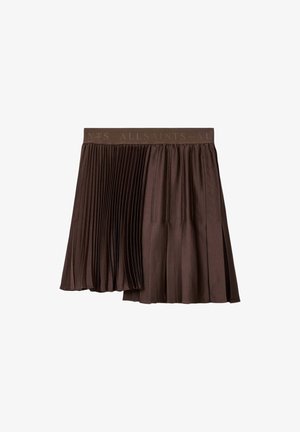 Tummanruskea pliseerattu hame, jossa epäsymmetrinen helma ja joustava vyötärönauha, jossa hienovarainen "AllSaints"-logo.