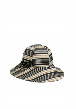 Wide-brimmed hat with black, white, and beige horizontal stripes and a small black bow on the side.