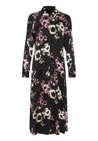 Rochie florală neagră cu flori roz și crem, cu mâneci lungi, guler și închidere cu butoane pe față.Țesătură fină cu un design fluid.