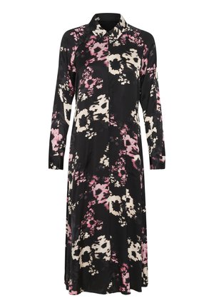 Melnu ziedu kleita ar rozā un krēmkrāsas ziediem, garām piedurknēm, apkakli un priekšējo pogu aizdari. Gluda auduma ar plūstošu dizainu.