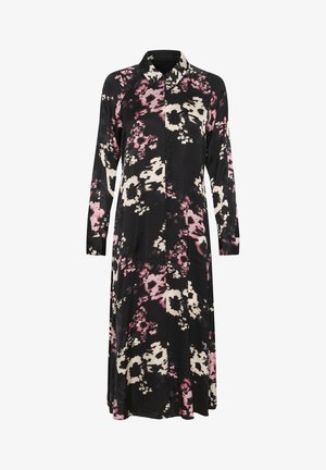 Floral dress in black with pink and cream flowers, long sleeves, collar, and front button closure. Smooth fabric with a flowing design.