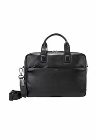 Schwarze Leder-Umhängetasche mit zwei Griffen, abnehmbarem Riemen, Reißverschluss und einer Vorderseite Tasche. Verfügt über ein kleines Logo auf der Vorderseite.