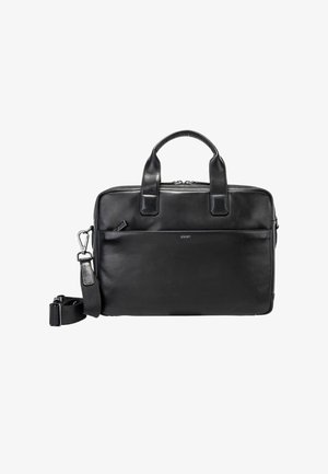 Black leather messenger bag with dual handles, detachable strap, zip closure, and a front pocket. Features a small logo on the front.