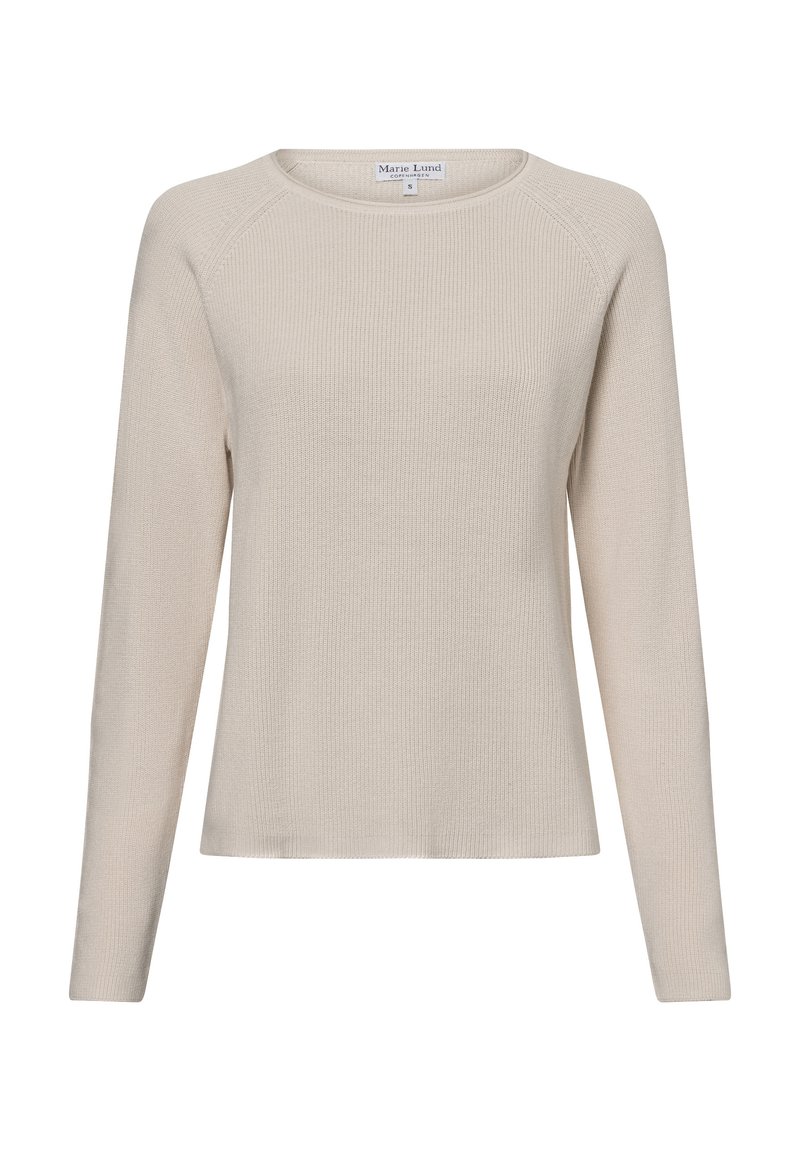 Beiger langärmeliger Pullover mit Rundhalsausschnitt und gerippter Textur. Verfügt über Raglanärmel und einen geraden Saum. Gefertigt aus weichem Stoff.