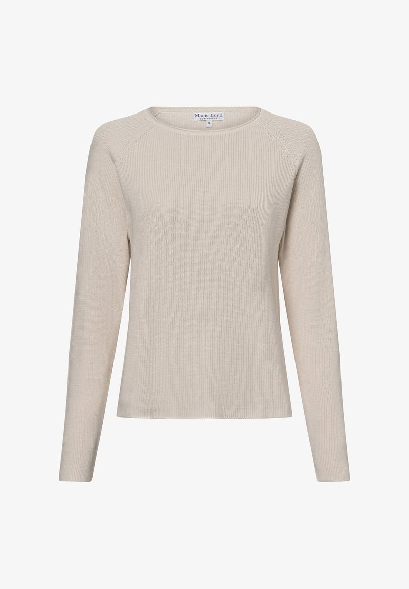 Beiger langärmeliger Pullover mit Rundhalsausschnitt und gerippter Textur. Verfügt über Raglanärmel und einen geraden Saum. Gefertigt aus weichem Stoff.