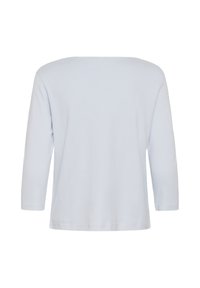 Chemise bleu clair à manches longues avec un large col, vue de dos sur un fond blanc uni.