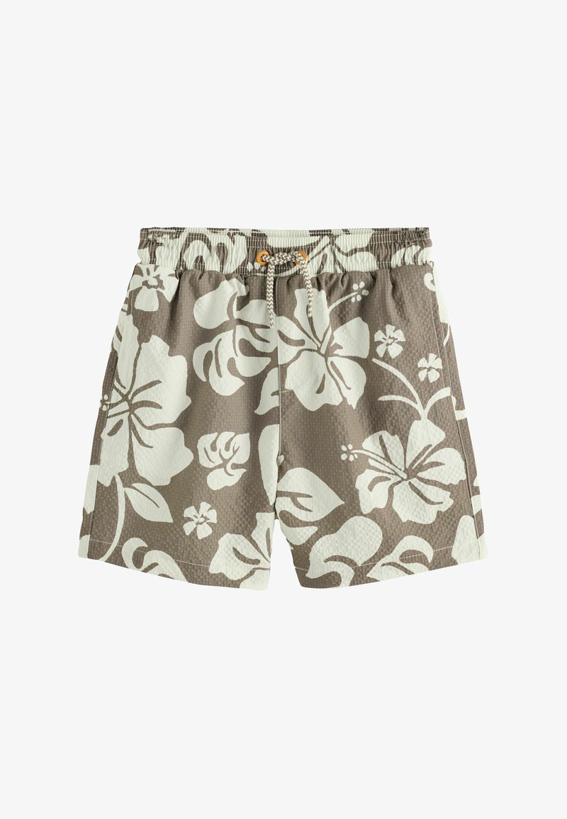 Shorts de bain marron et blancs à grande impression florale, taille élastique, et cordon de serrage avant avec œillets orange.