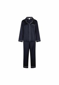 Set di pigiama in satin blu navy con maniche lunghe e pantaloni, caratterizzato da profili bianchi lungo il colletto, i polsini e gli orli, con dettaglio di taschino sul petto.
