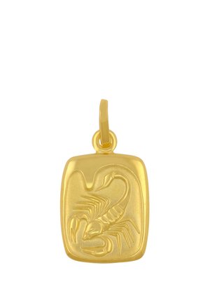 Ciondolo rettangolare in oro con design a rilievo di uno scorpione e un anello per agganciarlo a una collana o a un braccialetto.
