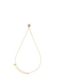 Goldkette mit einem diamantförmigen Anhänger, der einen hellvioletten Stein enthält. Filigrane Kette mit einem Karabinerverschluss und verstellbarer Länge.