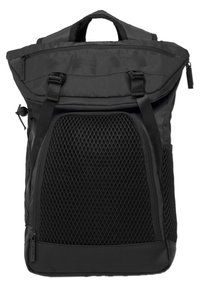 Sac à dos noir avec une fermeture roulée, panneau avant en maille, bretelles réglables et plusieurs poches zippées. Tissu texturé et design durable.