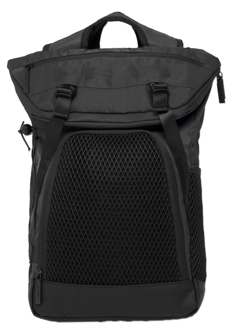 Sac à dos noir avec une fermeture roulée, panneau avant en maille, bretelles réglables et plusieurs poches zippées. Tissu texturé et design durable.