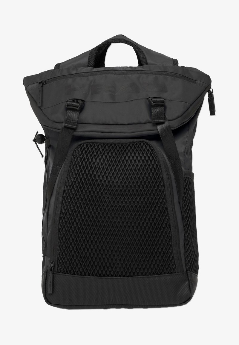 Sac à dos noir avec une fermeture roulée, panneau avant en maille, bretelles réglables et plusieurs poches zippées. Tissu texturé et design durable.