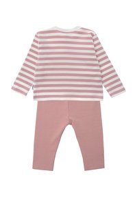 Gestreiftes Langarmoberteil in Pink und Weiß mit passenden pinken Leggings. Hergestellt aus weicher Baumwolle, mit gerippter Textur und Rundhalsausschnitt.