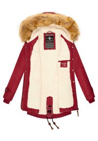 Jachetă roșie căptușită cu trim din blană sintetică, exterior matlasat și captuseală pufoasă de culoare crem. Dispune de buzunare laterale, tiv ajustabil cu șnur și etichetă branduită.