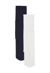 Set of two socks: one navy and one white. Made of smooth fabric with a ribbed cuff. The white sock has a slight sheen; both are ankle-length.