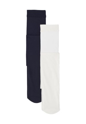 Set aus zwei Socken: eine dunkelblaue und eine weiße. Hergestellt aus glattem Stoff mit einem gerippten Bund. Die weiße Socke hat einen leichten Glanz; beide sind knöchellang.