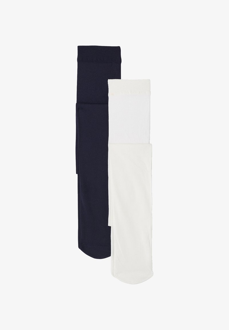 Set aus zwei Socken: eine dunkelblaue und eine weiße. Hergestellt aus glattem Stoff mit einem gerippten Bund. Die weiße Socke hat einen leichten Glanz; beide sind knöchellang.