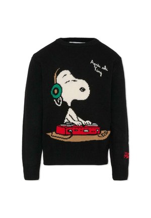 Czarny sweter dzianinowy z postacią Snoopy'ego w słuchawkach, miksującym na czerwonym gramofonie. Napis brzmi "Après ski King". Miękki, teksturowany materiał.
