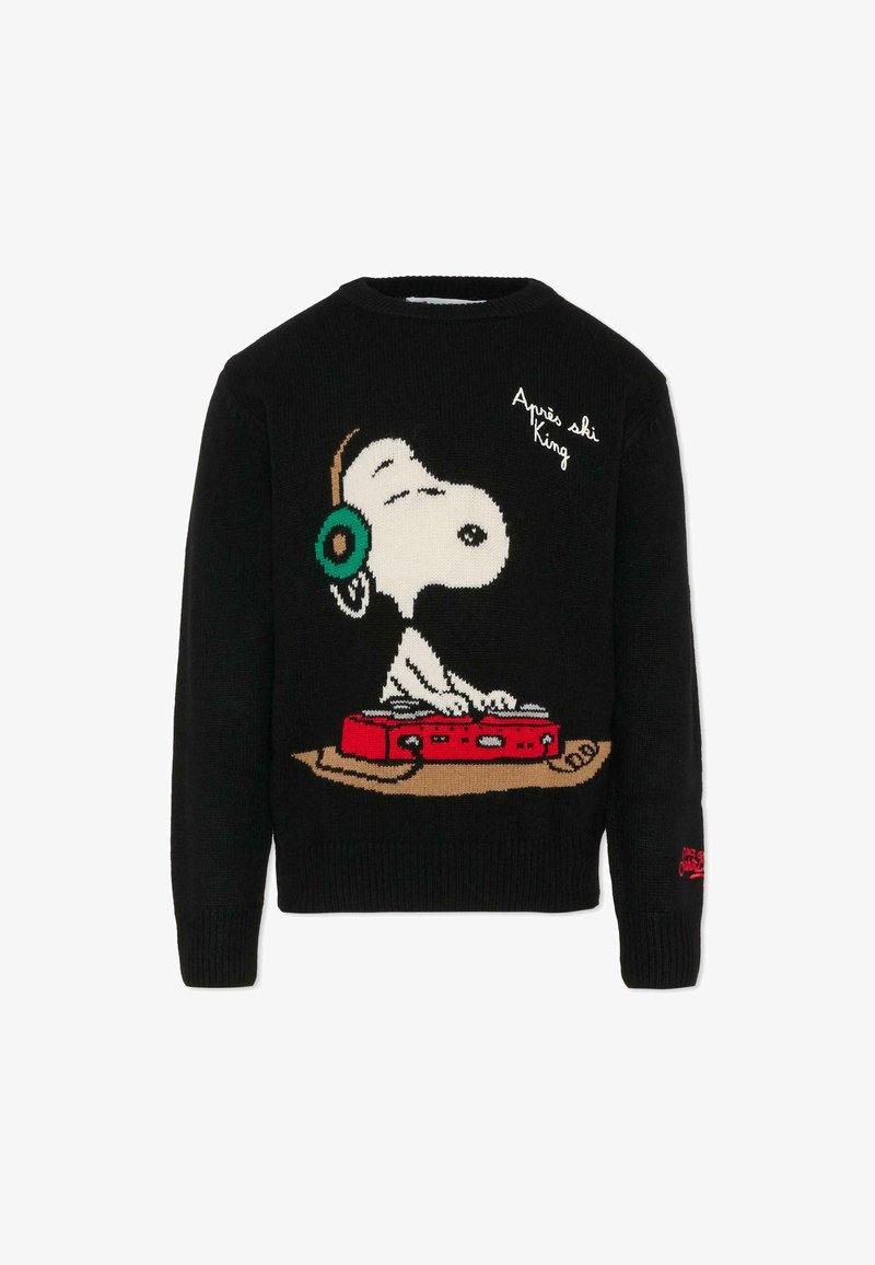 Pull en maille noire avec Snoopy portant des écouteurs et mixant sur une platine rouge. Le texte indique "Après ski King." Matériau doux et texturé.