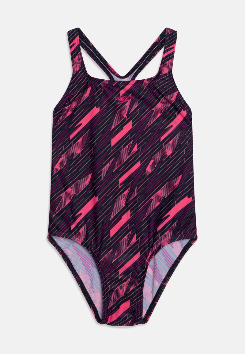 Swimsuit featuring a black base with pink diagonal stripes and geometric patterns. It has thin, crossed straps and a smooth texture.
