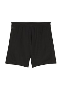 Svarta idrottsshorts med elastisk midja, tillverkade av ett slätt tyg. Har en avslappnad passform och inga synliga fickor eller mönster.