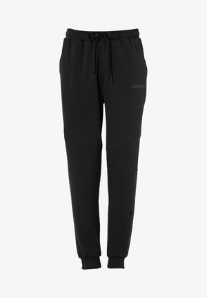 Schwarze Sweatpants mit einem elastischen Bund, verstellbarem Kordelzug und Seitentaschen. Der Stoff ist glatt mit einer leicht gebürsteten Textur.