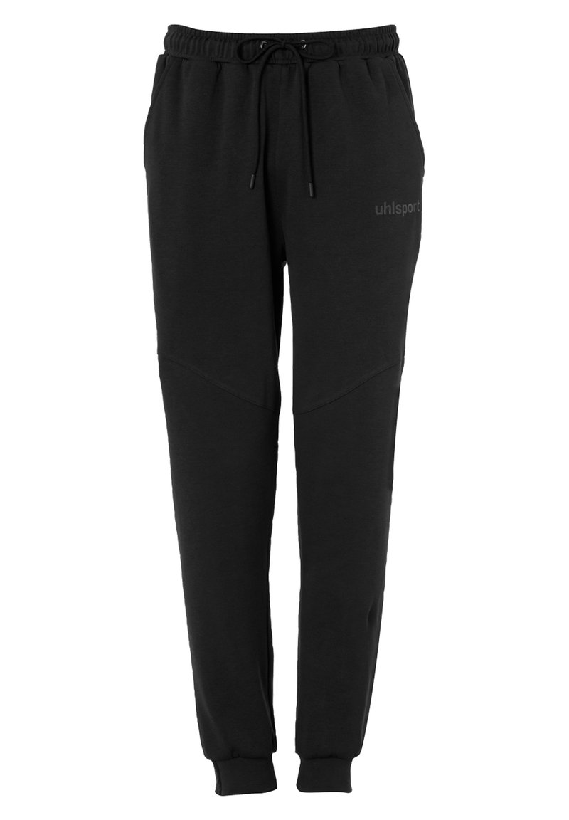 Zwarte joggingbroek met een elastische tailleband, verstelbaar trekkoord en zijzakken. De stof is glad met een licht geborstelde textuur.
